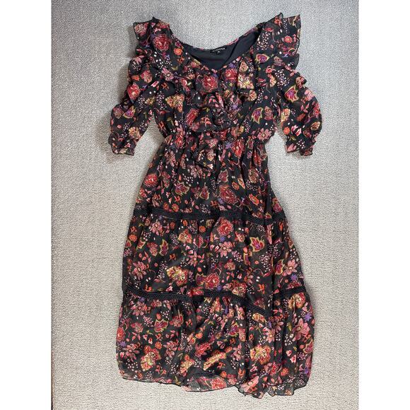 Floral Ruffle Midi Dress - Black and Red - Picture 1 of 9